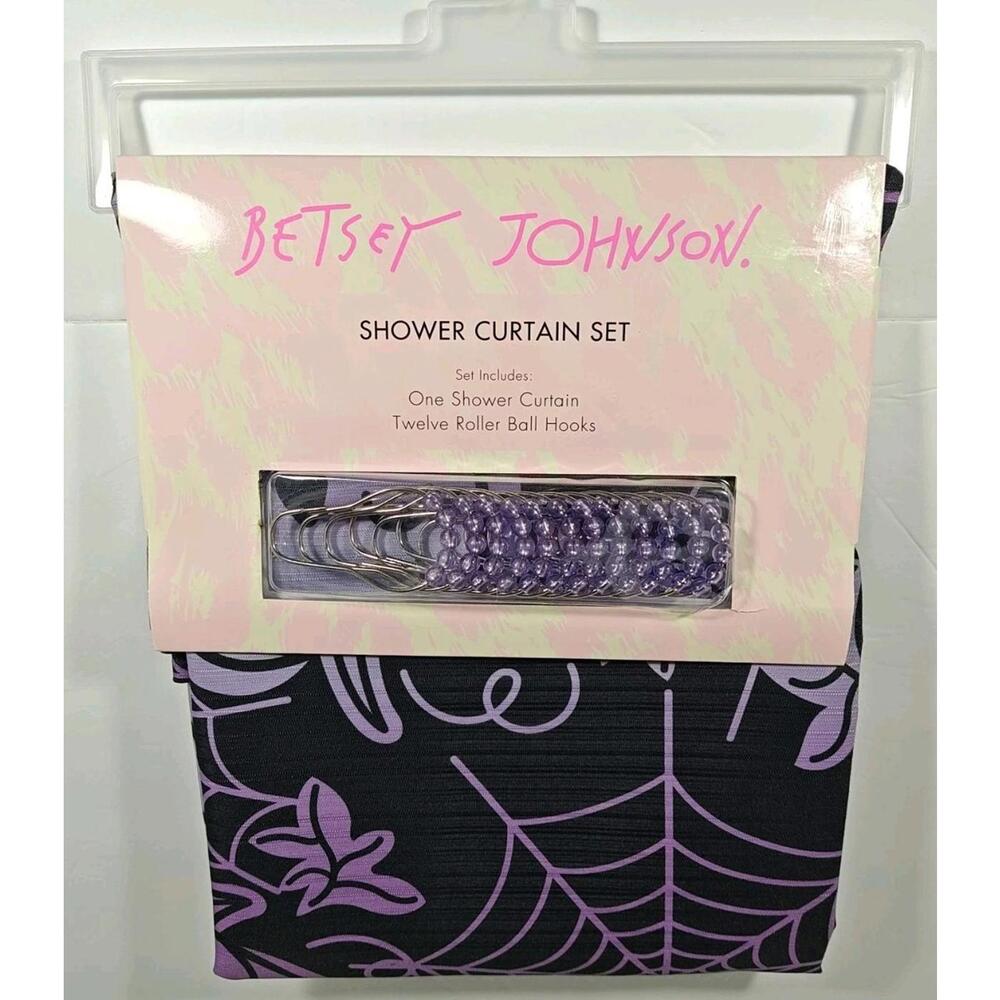 Betsey Johnson Halloween Pumpkins Web Shower Curtain 12 Hook Set 72” x 72” NEW